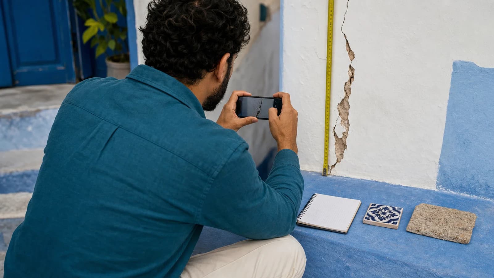 Hombre fotografiando y midiendo una grieta para describir su necesidad