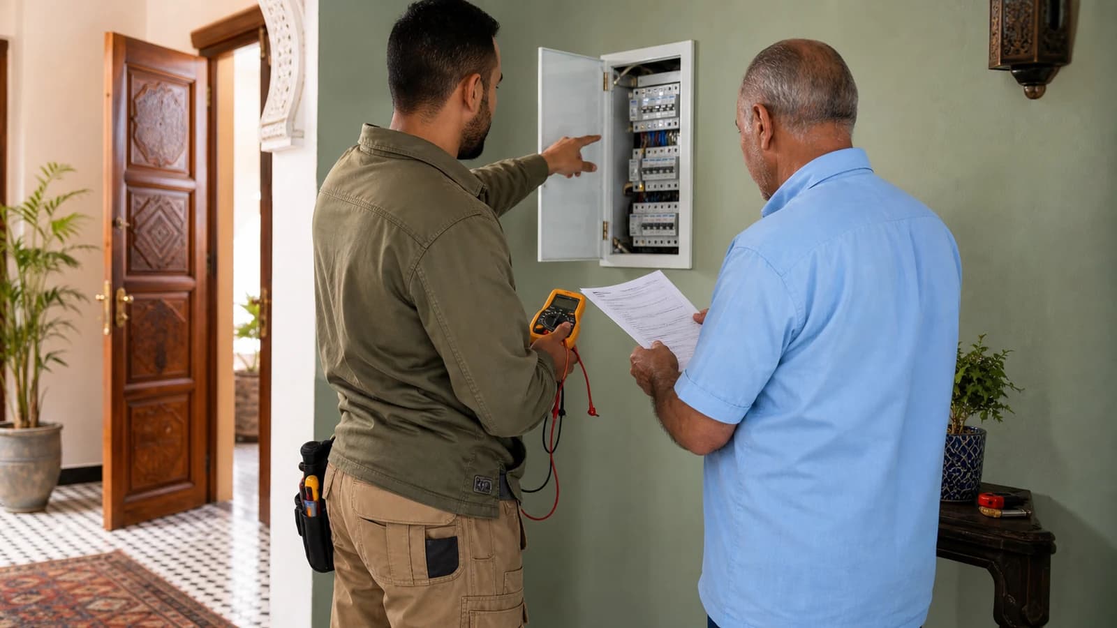 Electricista explicando su diagnóstico a un cliente frente a un cuadro eléctrico