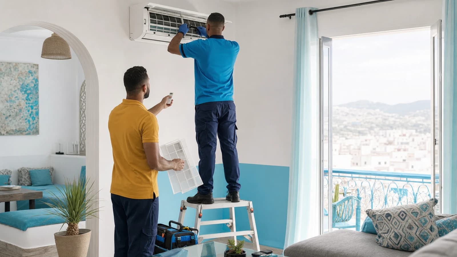 Técnico manteniendo el aire acondicionado en un salón