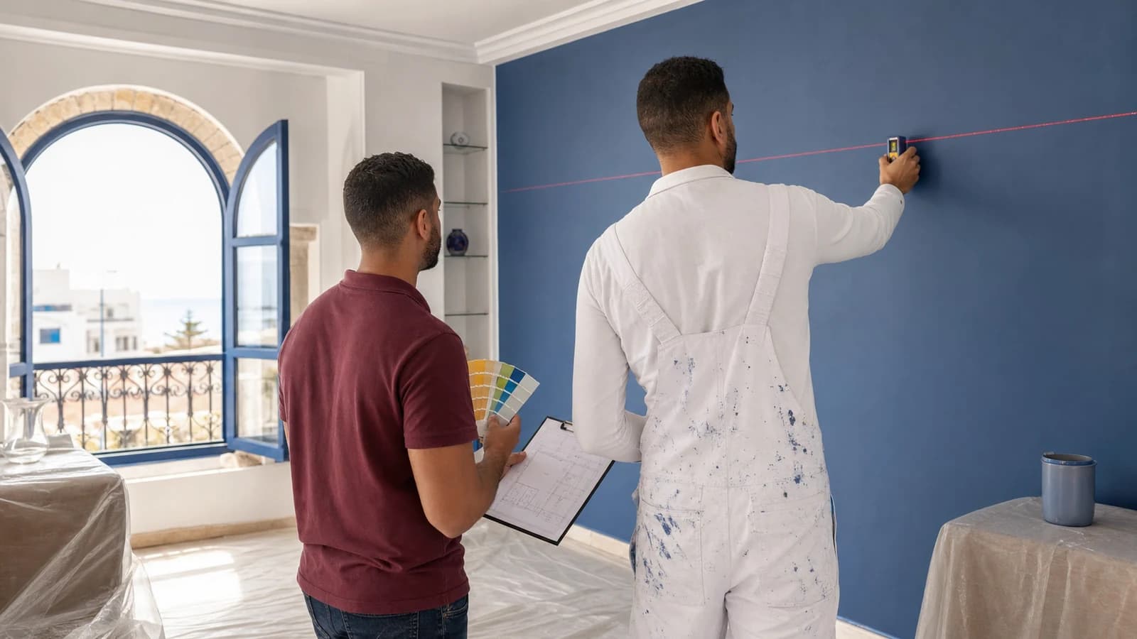 Pintor midiendo una pared azul con un cliente