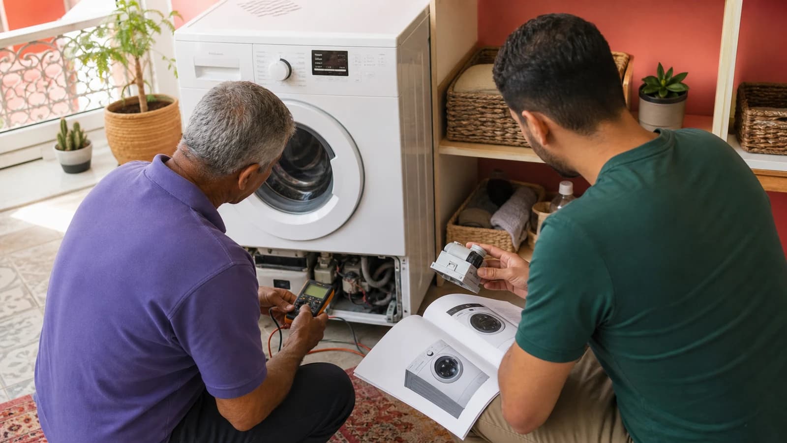 Técnico diagnosticando una lavadora con su propietario