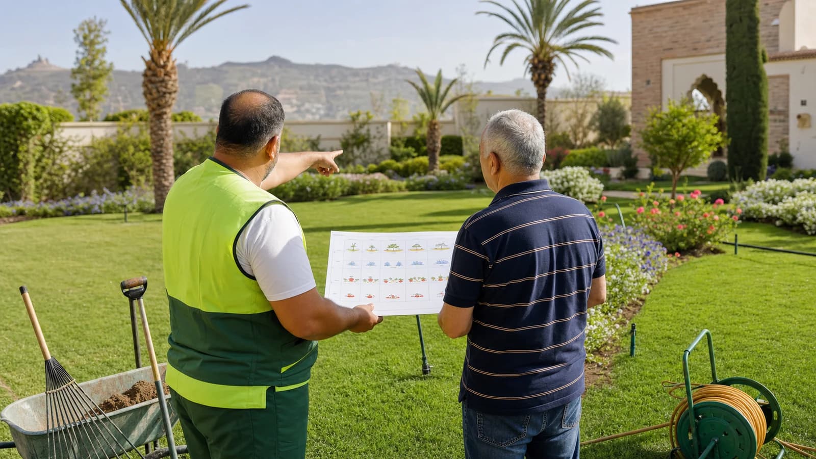 Jardinero y propietario planeando el mantenimiento de un gran jardín