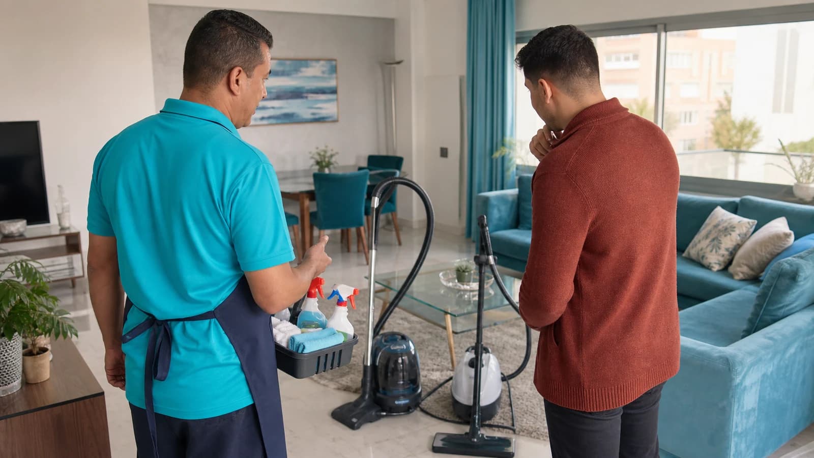 Profesional que presenta varios equipos de limpieza a un cliente