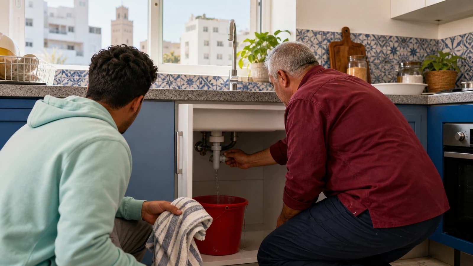 Dos hombres cortando el suministro de agua bajo un fregadero que gotea