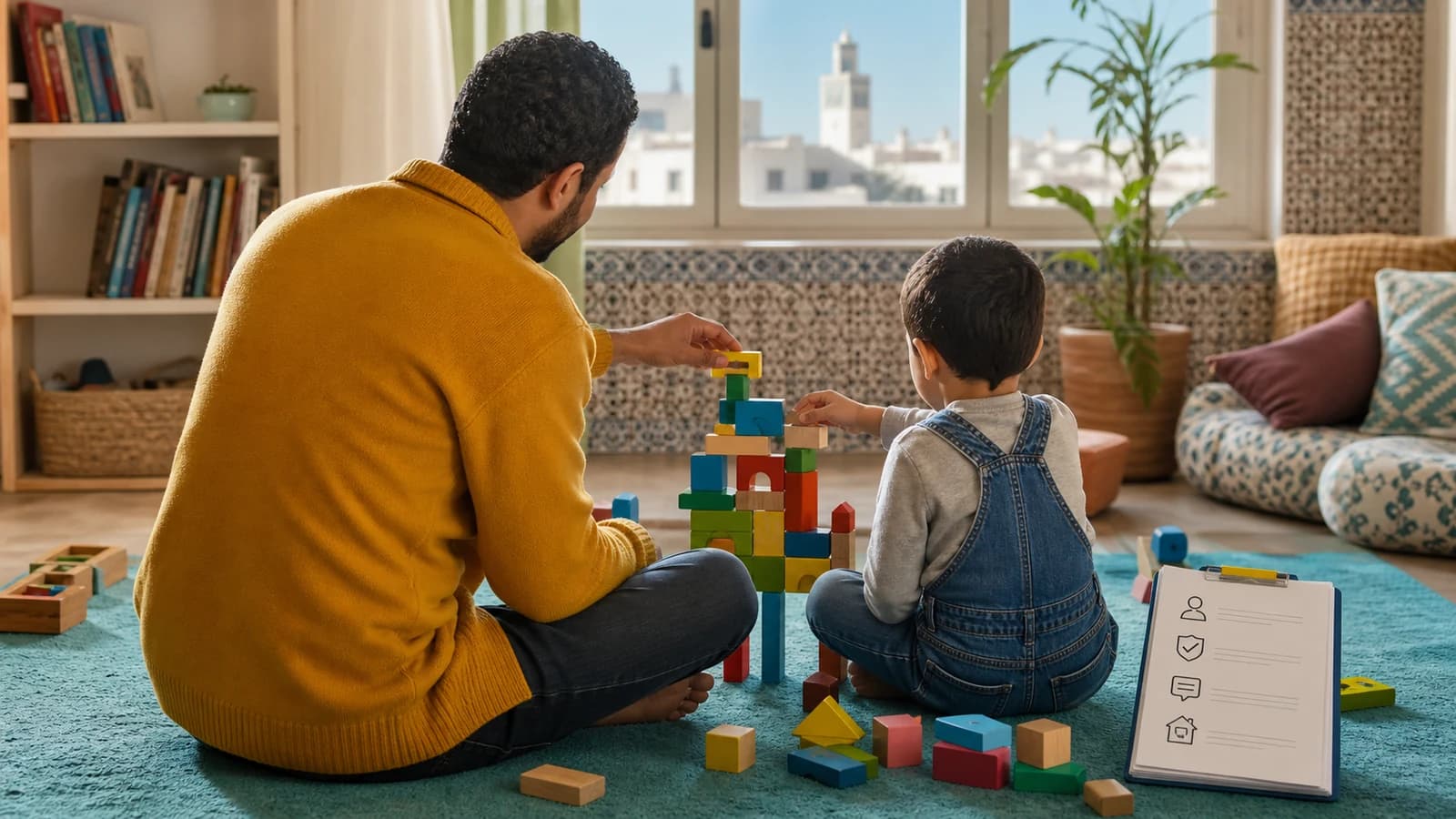 Hombre sosteniendo a un niño durante un juego de construcción