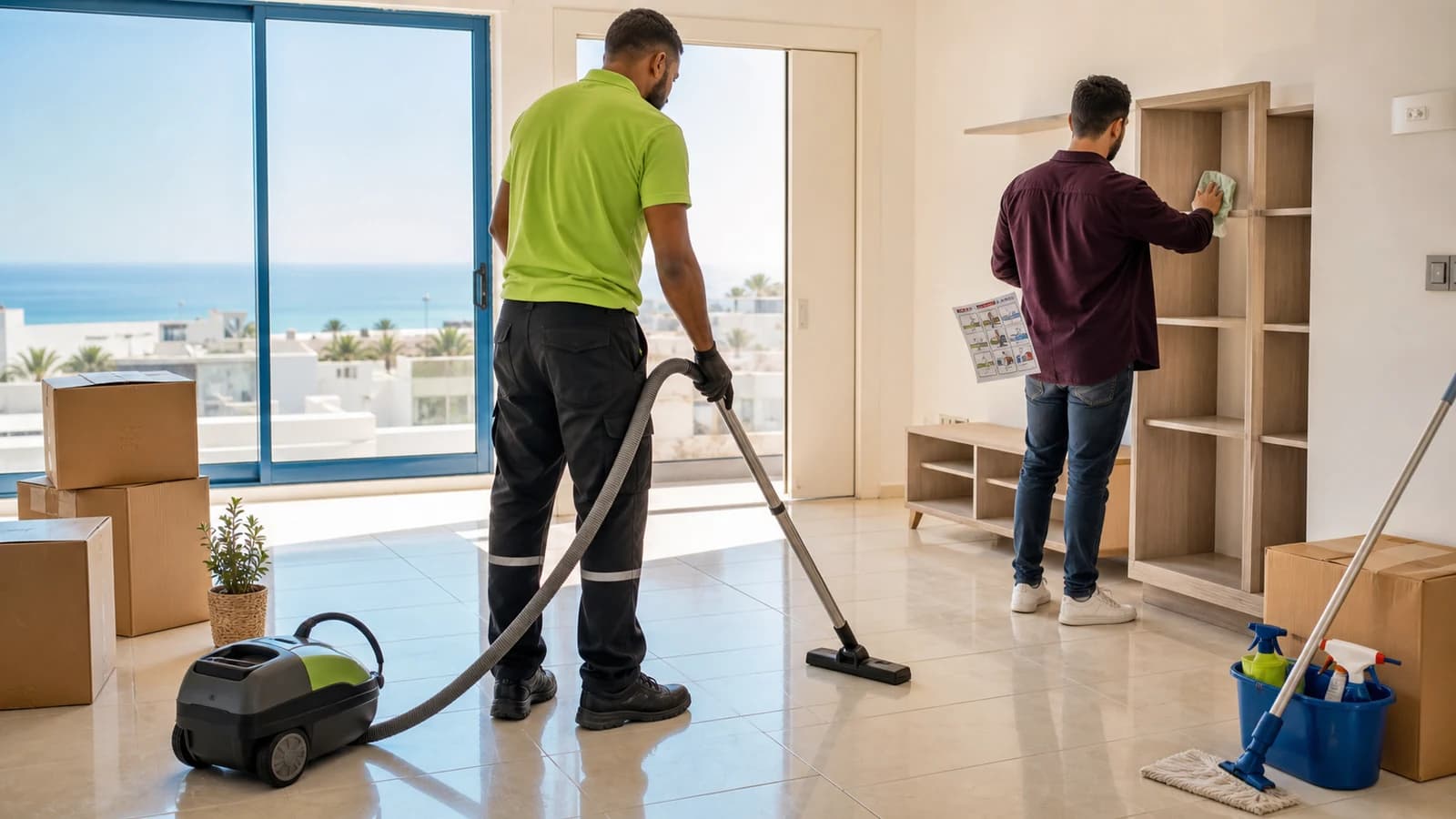 Profesionales e inquilinos limpiando un apartamento tras mudarse