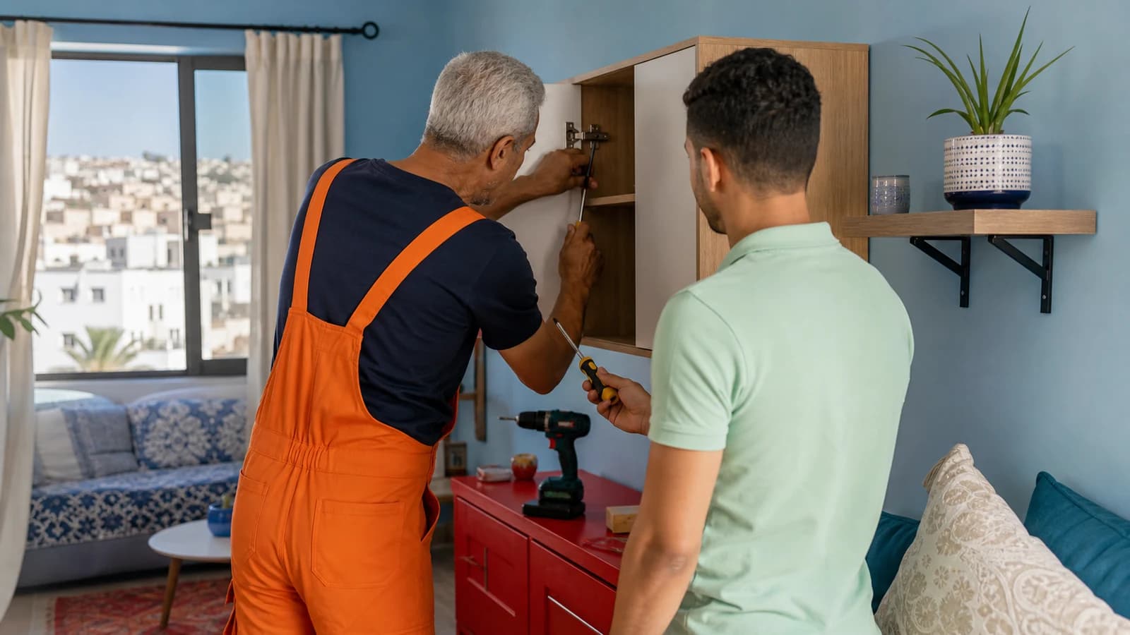 Profesional realizando varios trabajos pequeños en un piso