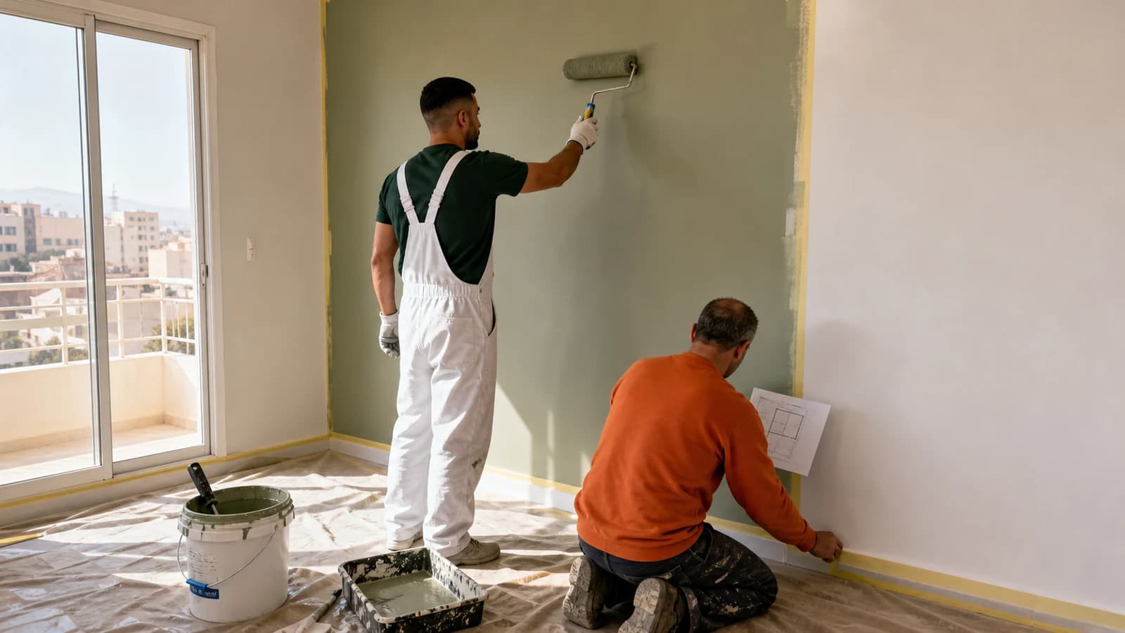 Pintor y propietario preparando un muro verde