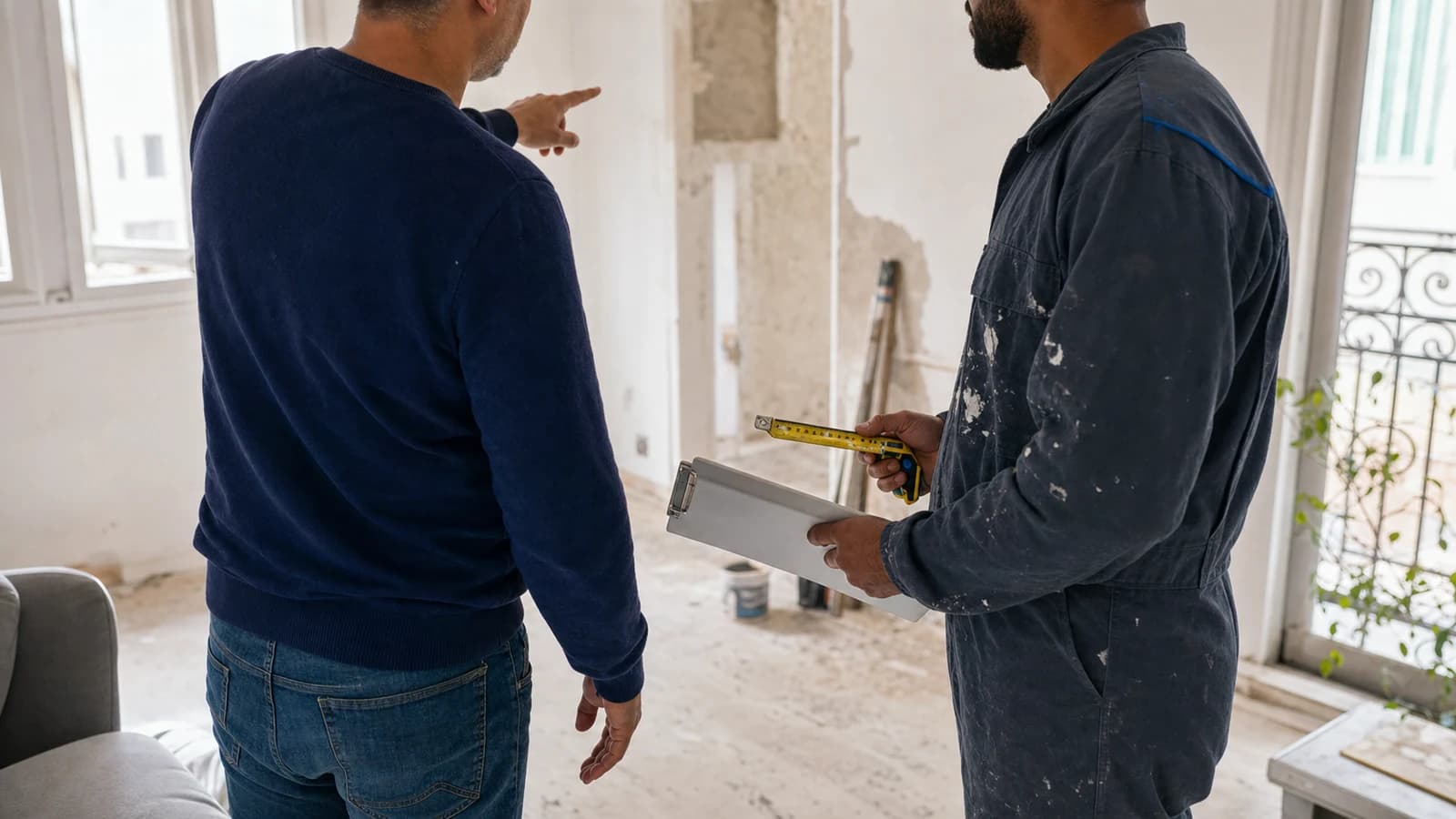 Cliente y artesano hablando sobre un trabajo en un apartamento en reforma