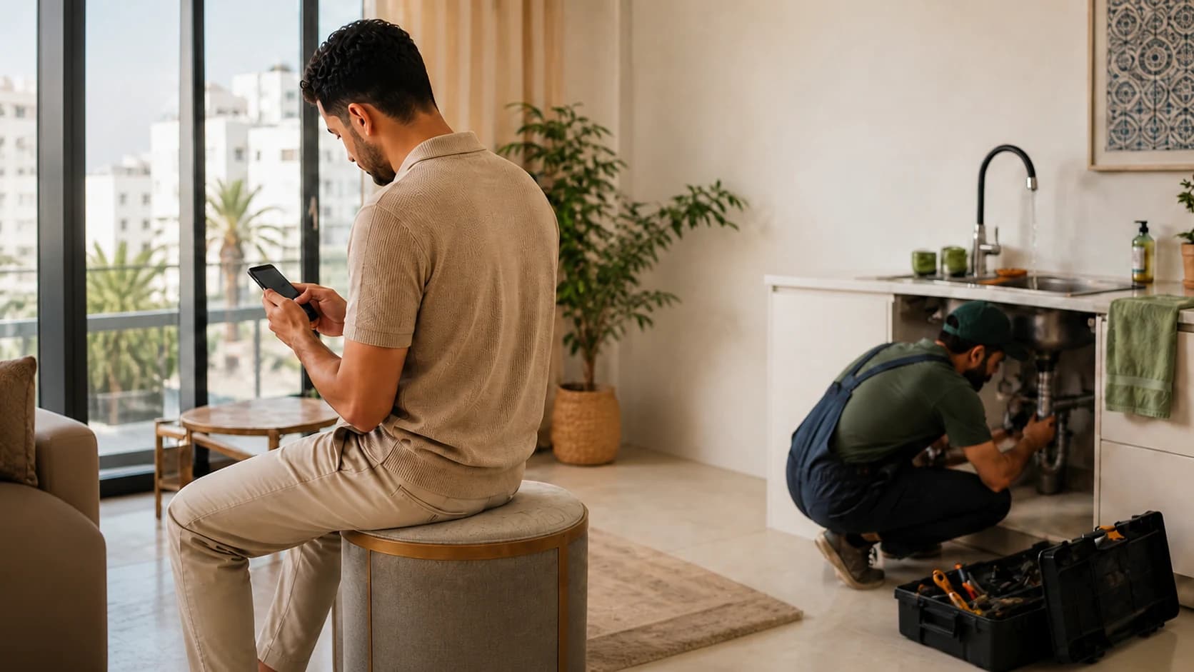 يقوم العميل بمراجعة طلبه بينما يقوم السباك بإصلاح الحوض